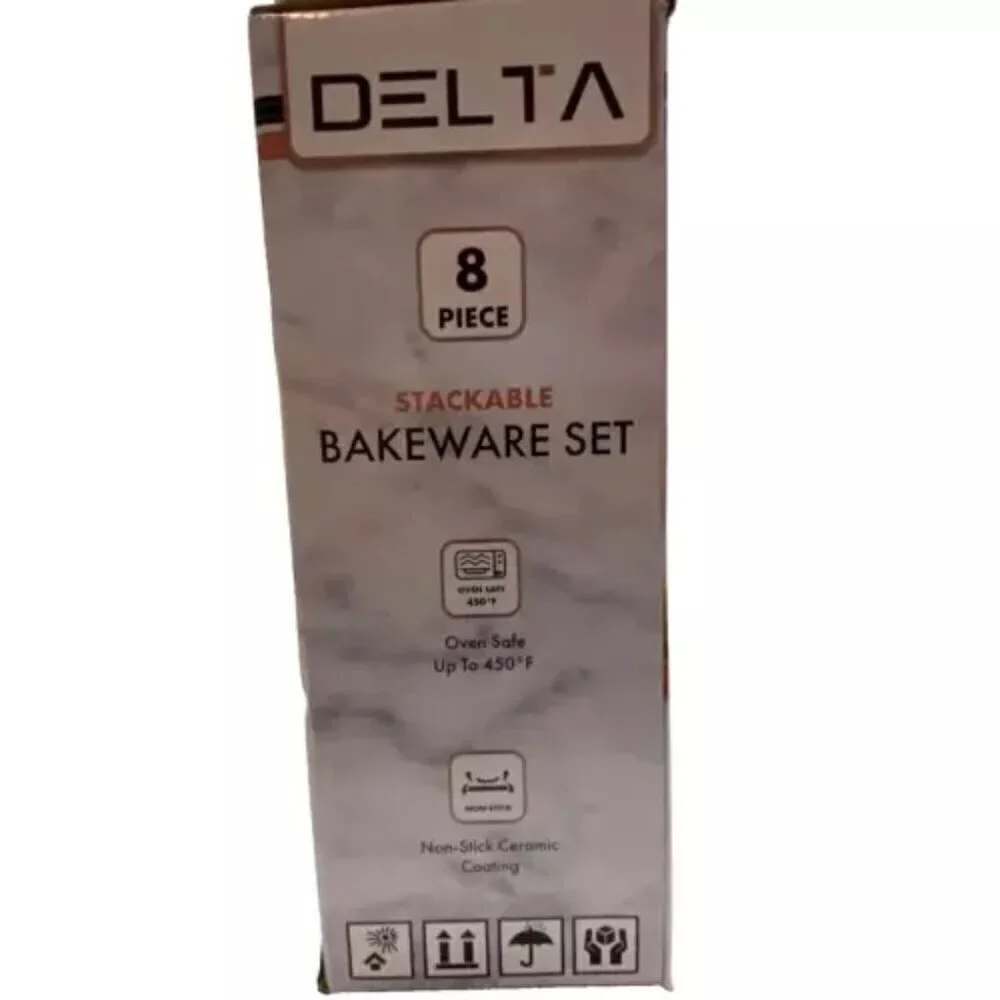 Delta 8 Piece Nonstick Stackable Bakeware Set Matte Black‎ Rose Gold Trim NIB